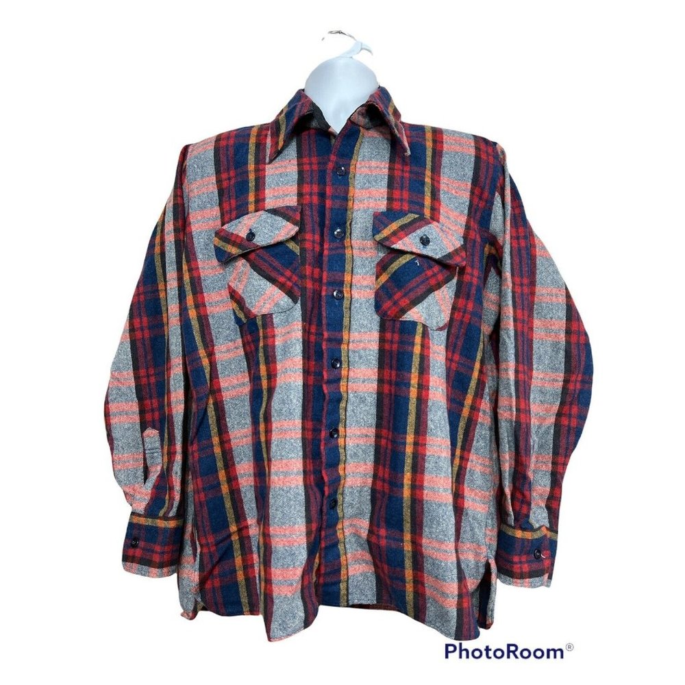 Vintage Flannel Plaid Shacket Jacket Wool Blend Shirt Men‎ Sz L Pockets Grandpa